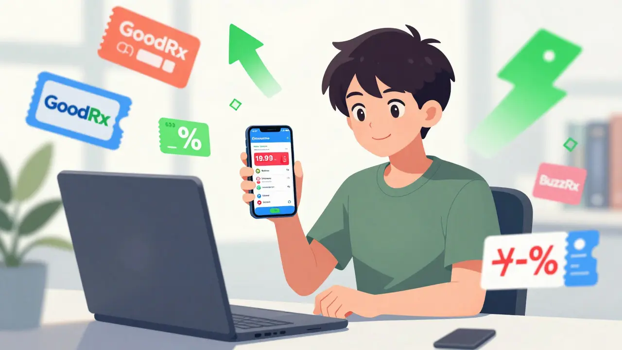 Happy person using smartphone to find cheap medication coupons online.