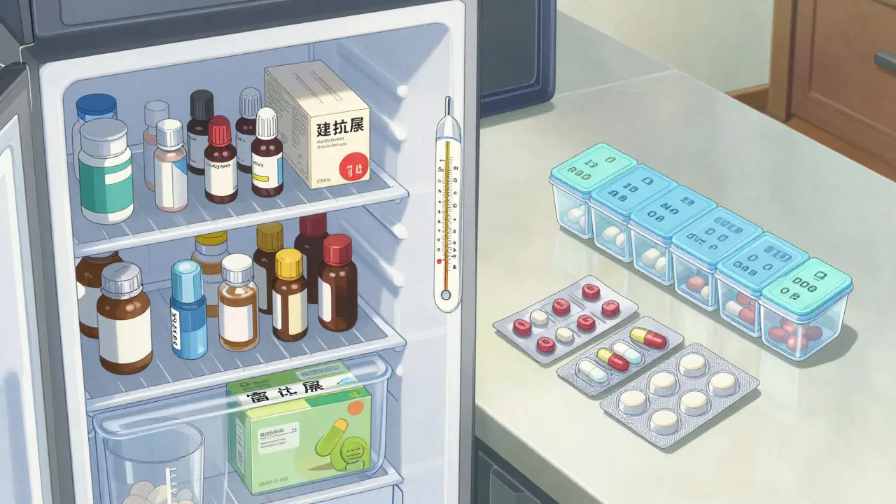 Organized pills and fridge storage with temperature monitor