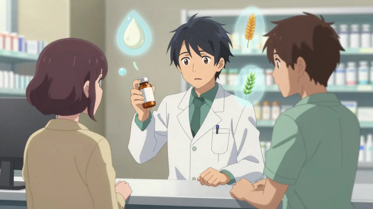 Pharmacist explaining medication ingredients to patient