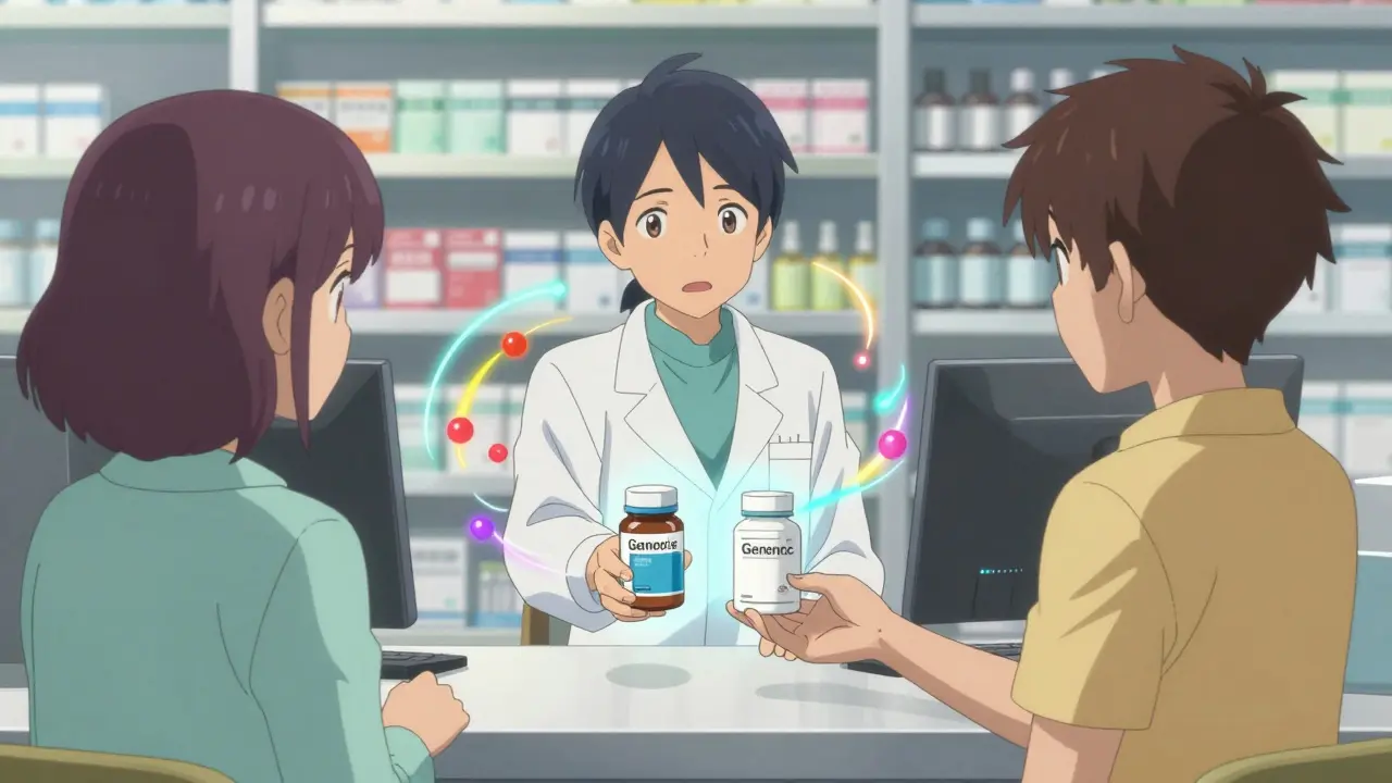 Pharmacist handing pills to patient, with visual effects showing generic drug variability.