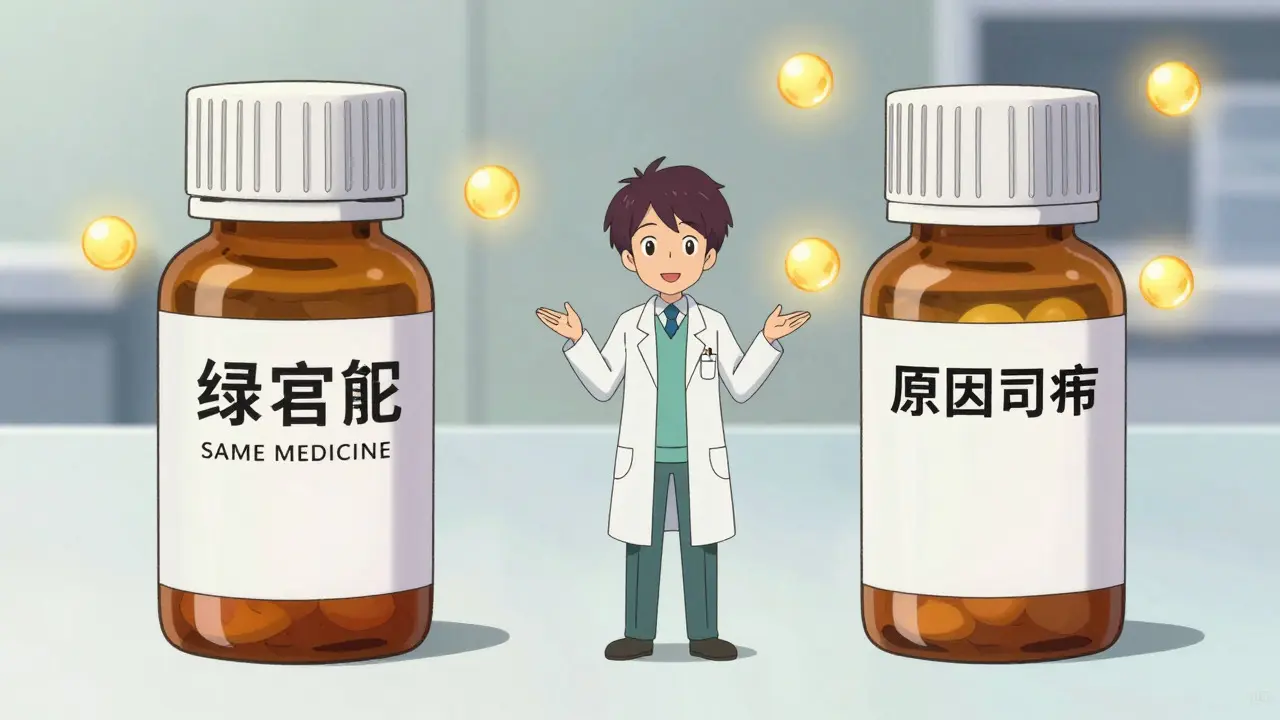 Side-by-side comparison of brand and generic pills with glowing effects.