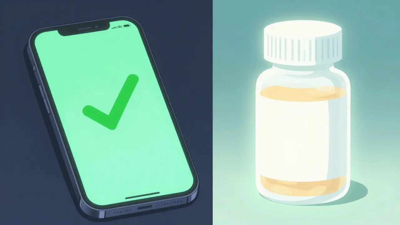 Smartphone showing savings icon next to pill bottle