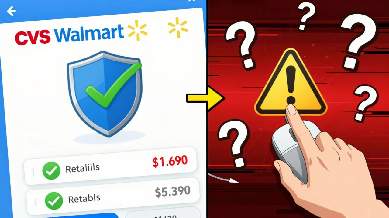 Split screen showing safe vs risky online pharmacy options