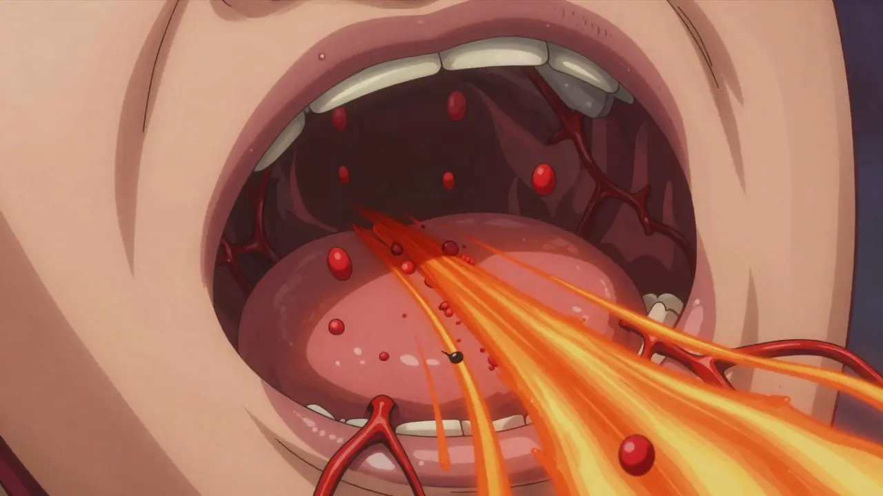 Stylized anime view of dilated blood vessels absorbing drug particles rapidly
