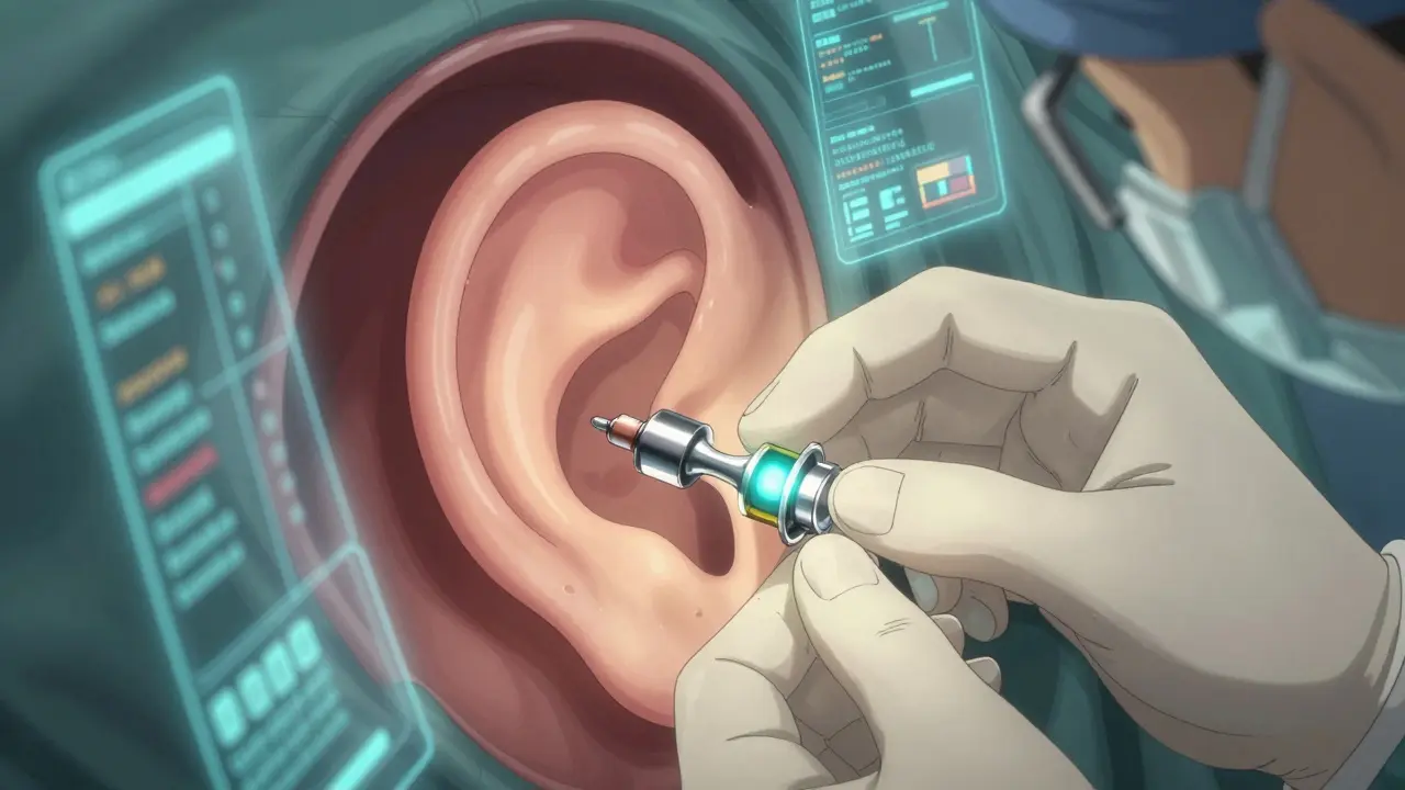 Surgeon inserting prosthetic device during stapedectomy surgery