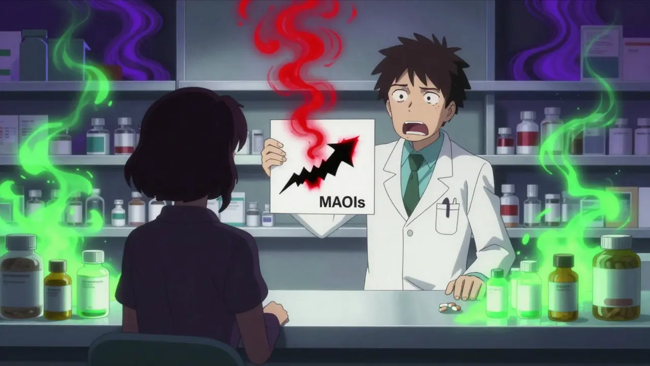 Surreal anime scene of pharmacist warning about dangerous drug interactions