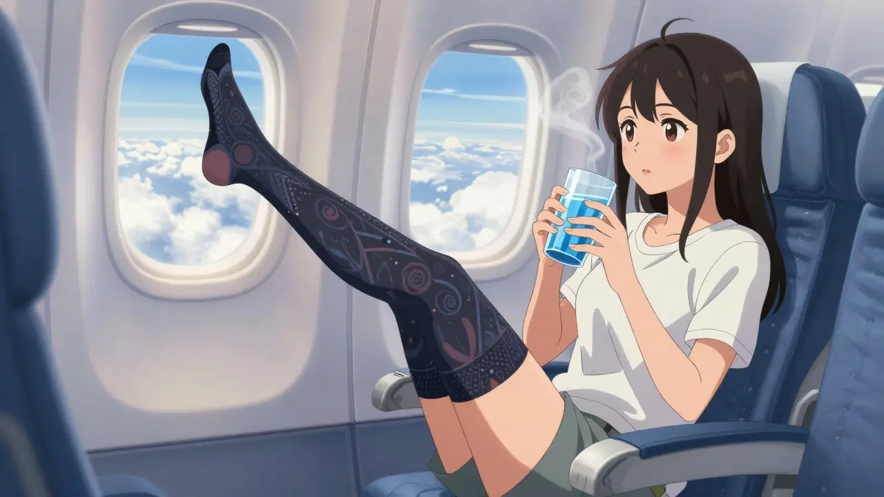 Woman doing calf exercises and drinking water on a plane in anime style.