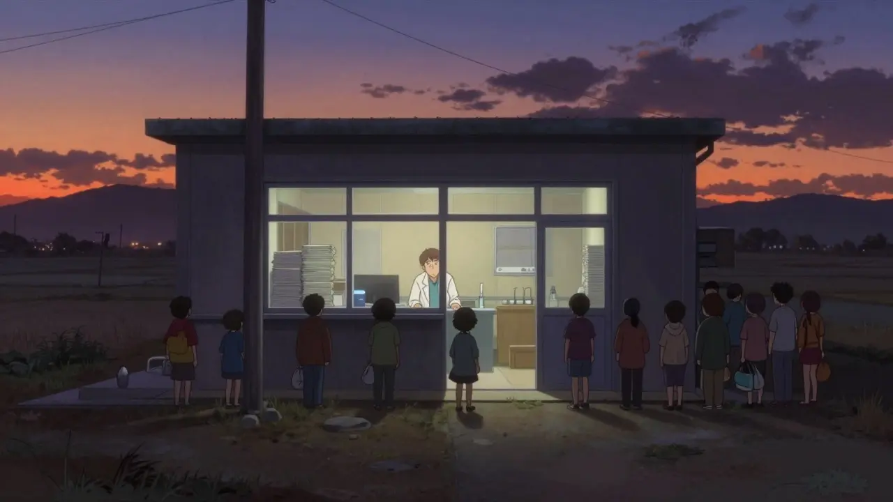 A lone doctor working in a rural clinic as patients wait outside at dusk
