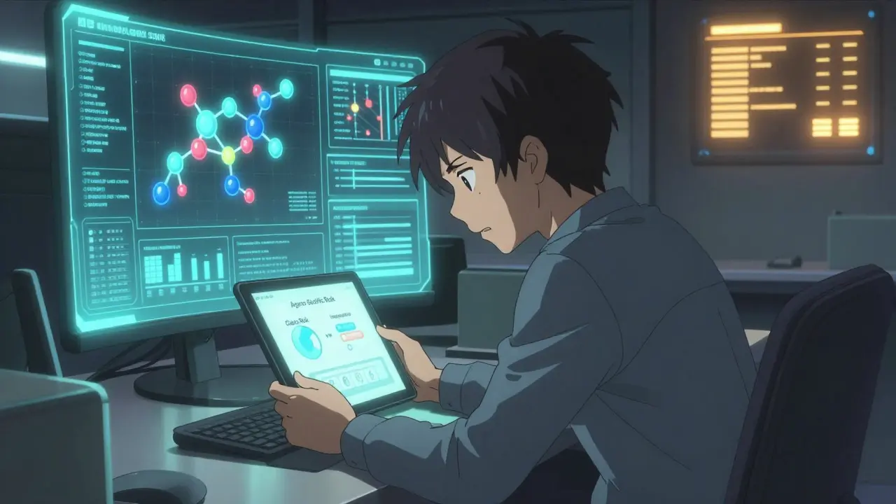 Analyst reviewing holographic drug safety data in anime style