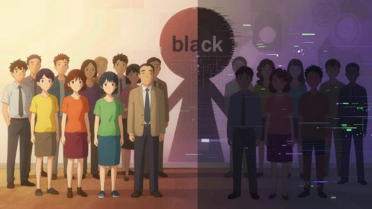 Anime illustration showing AI bias with clear vs shadowed patient groups