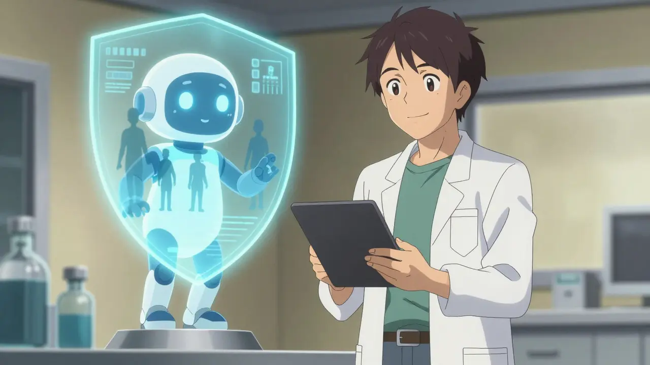 Anime scene of scientist and AI hologram collaborating on drug safety