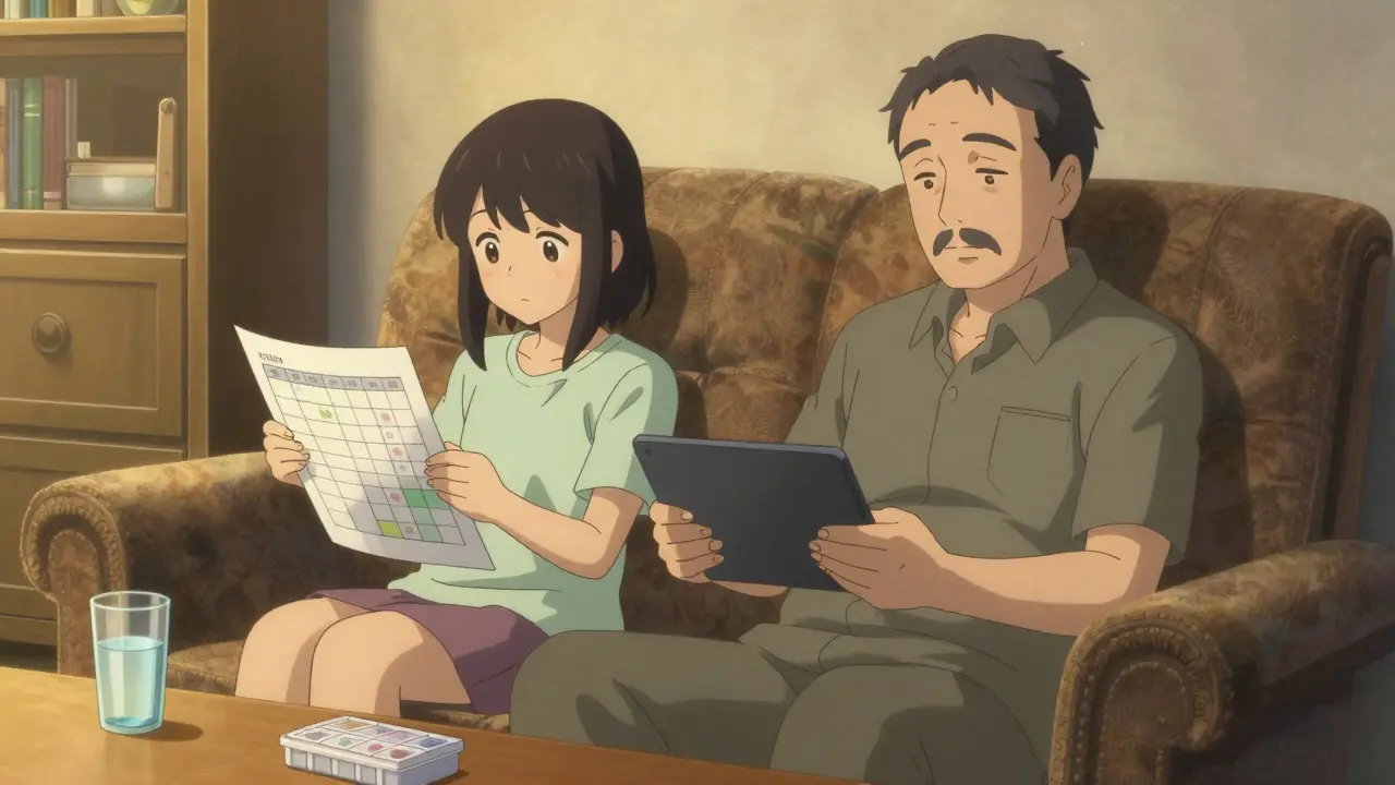 Daughter reviewing a printed medication schedule with her father
