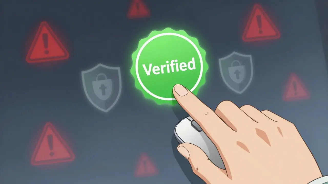 Hand clicking a verified safety badge on a digital interface