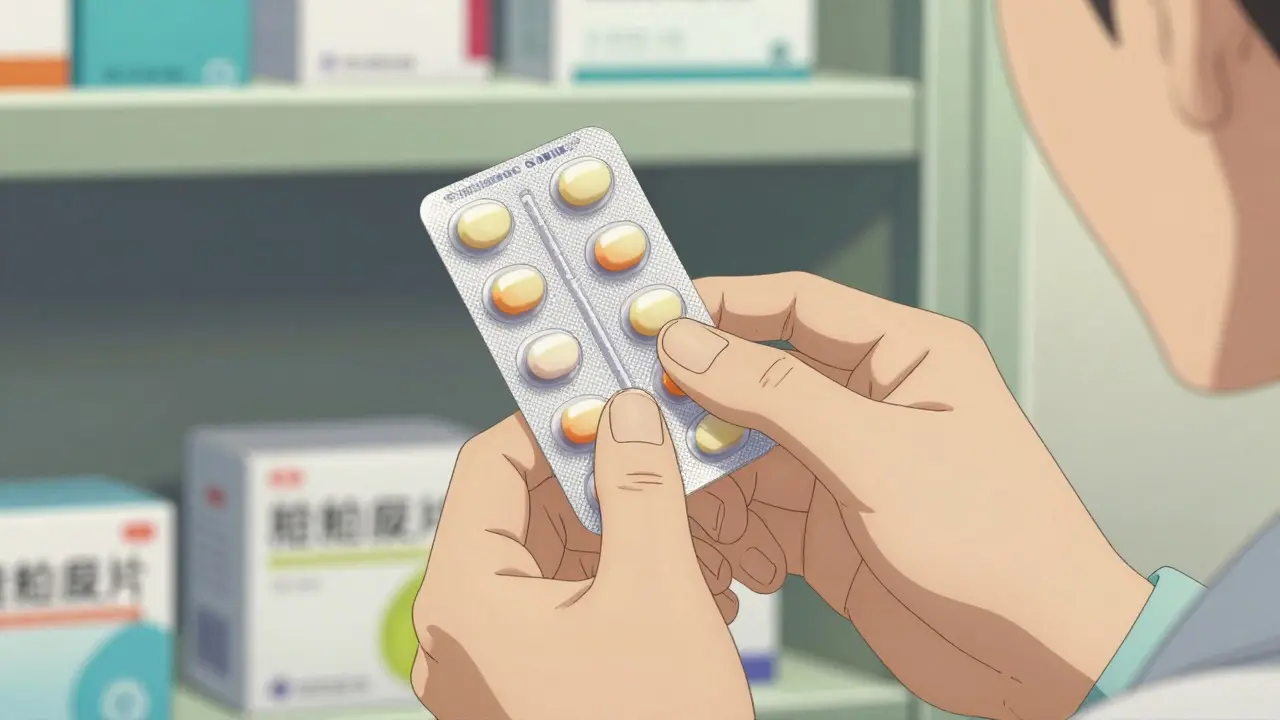 Hand inspecting a medication blister pack for safety