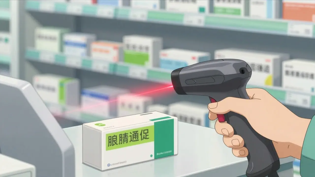 Hand scanning a medication box with a barcode reader in a pharmacy setting