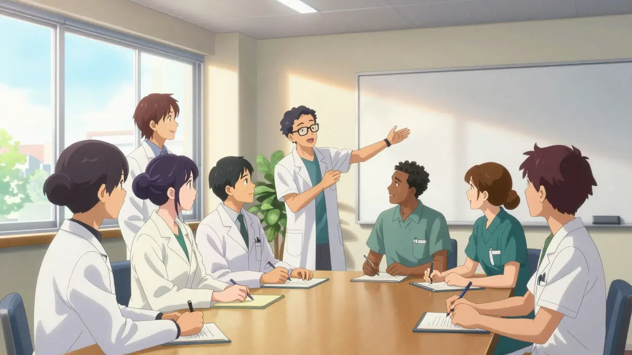 Healthcare team discussing safety protocols in a bright conference room