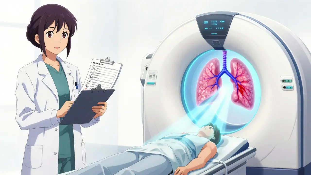 Medical illustration showing Wells Score checklist and CT scan revealing lung blockage