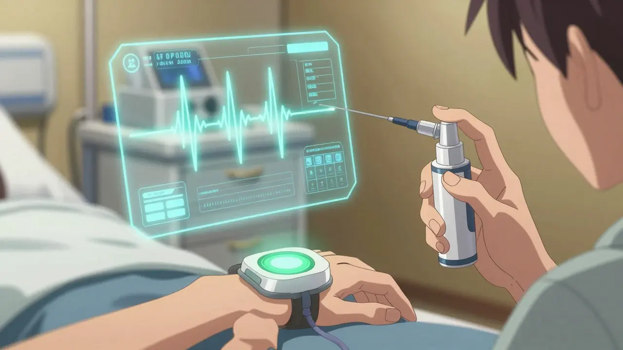 Medical monitor detecting breathing changes with rescue spray nearby