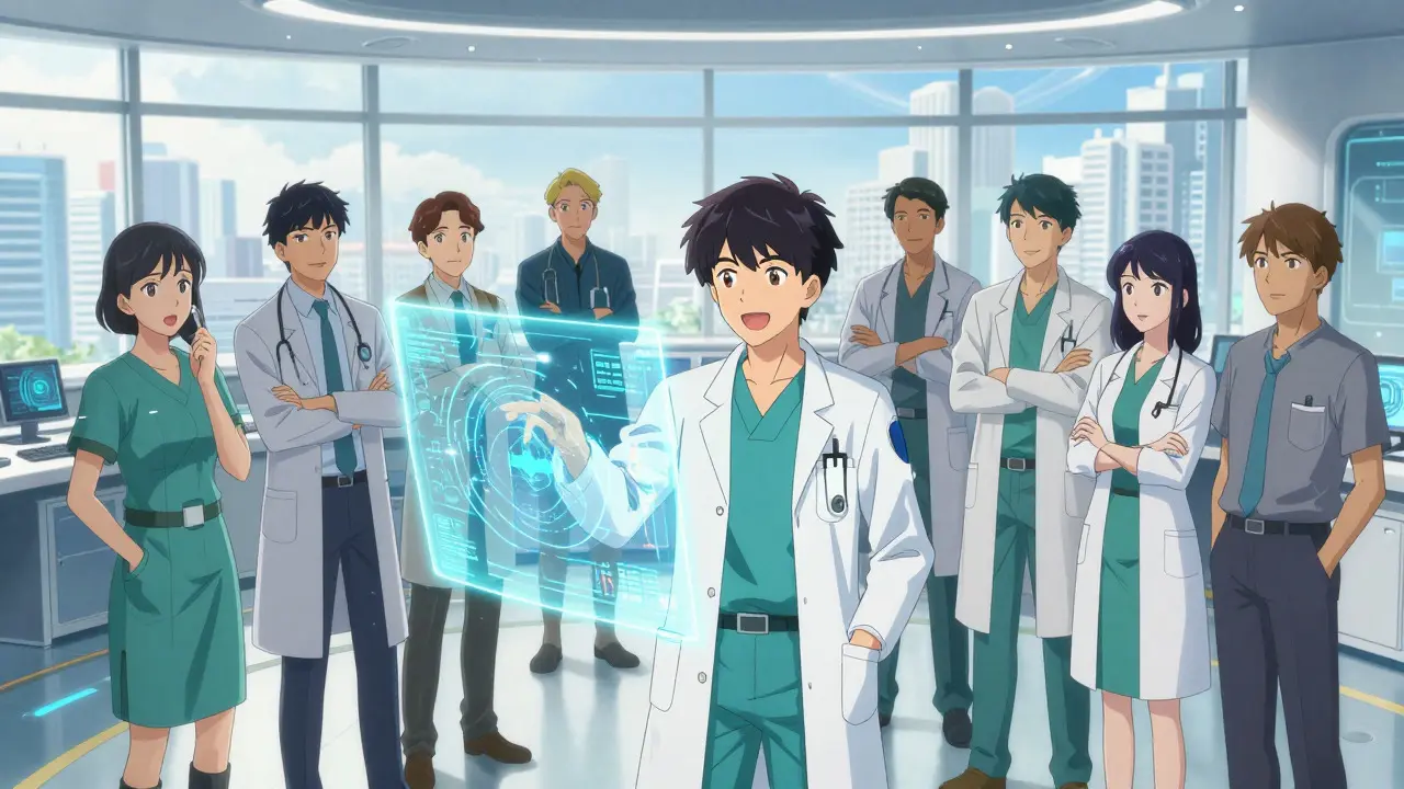 Medical professionals interacting with holographic health data in a modern lab