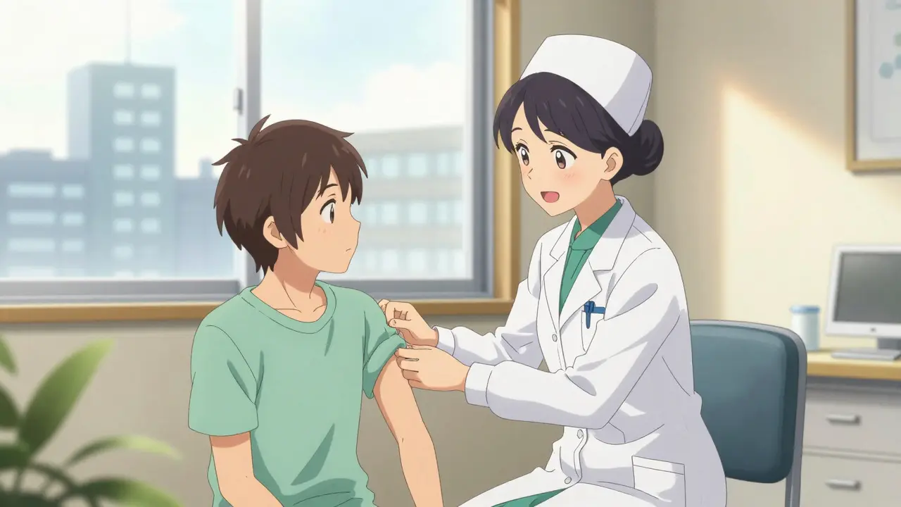 Patient receiving injection in a bright office with hospital view outside