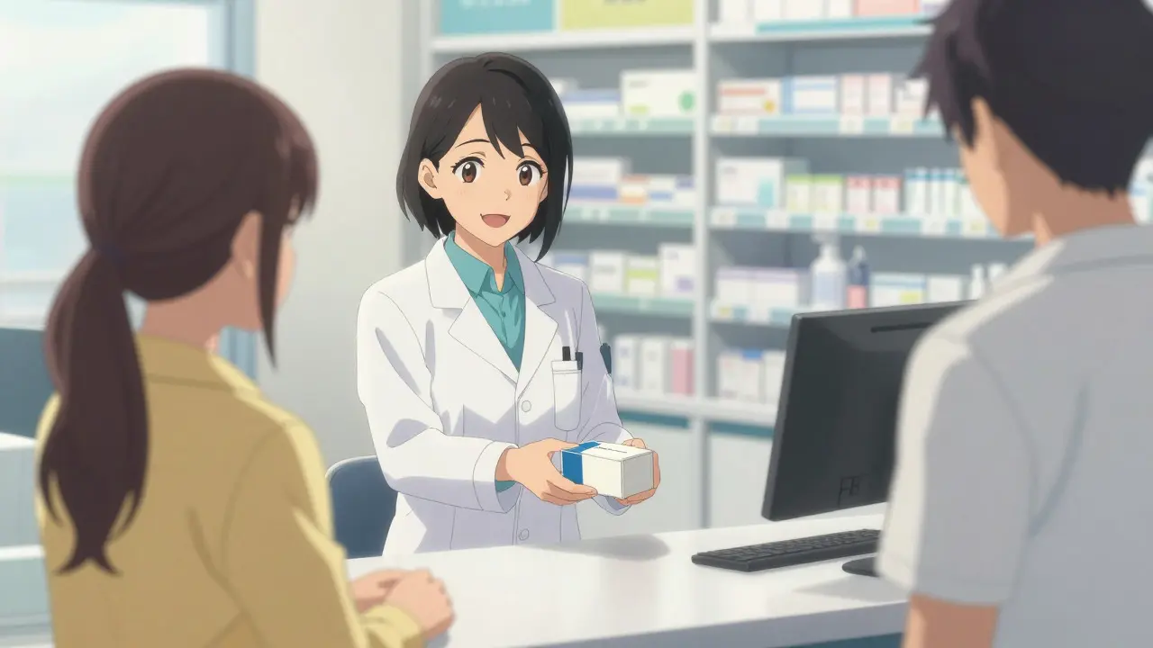 Pharmacist handing a medication box to a customer at a pharmacy counter
