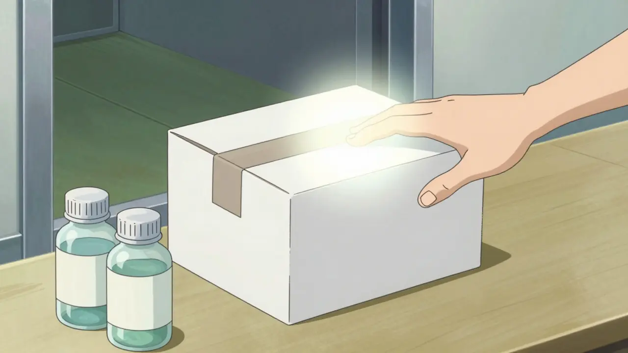 Sealed medication delivery box being inspected for safety
