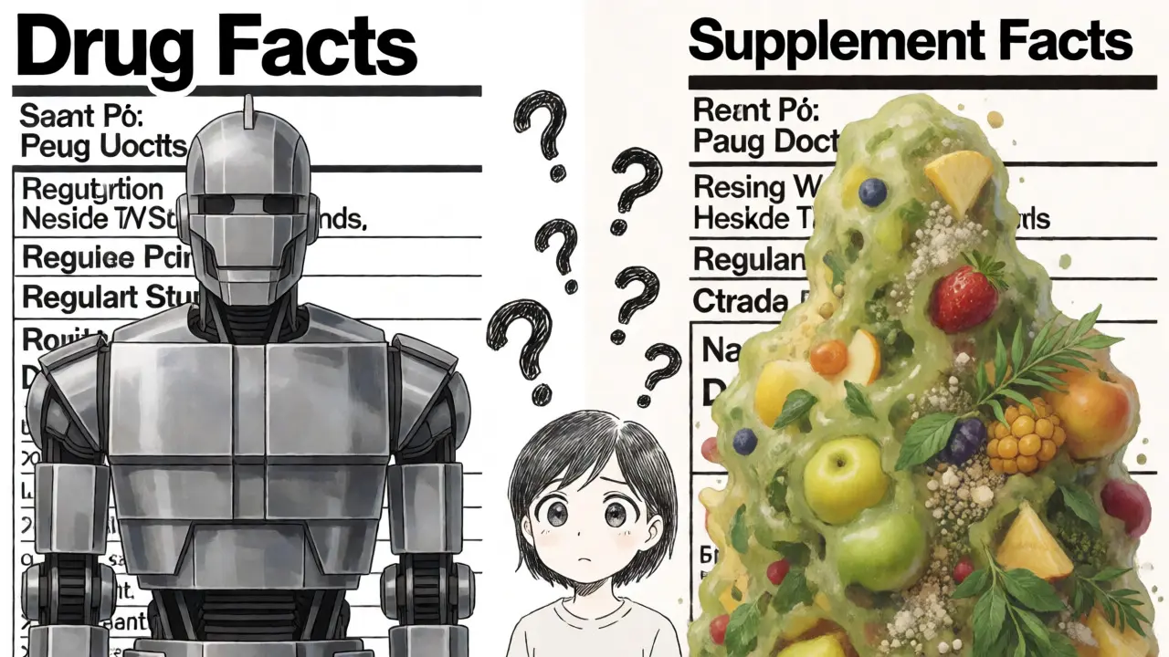 Abstract anime comparison of structured drug labels vs organic supplement blobs