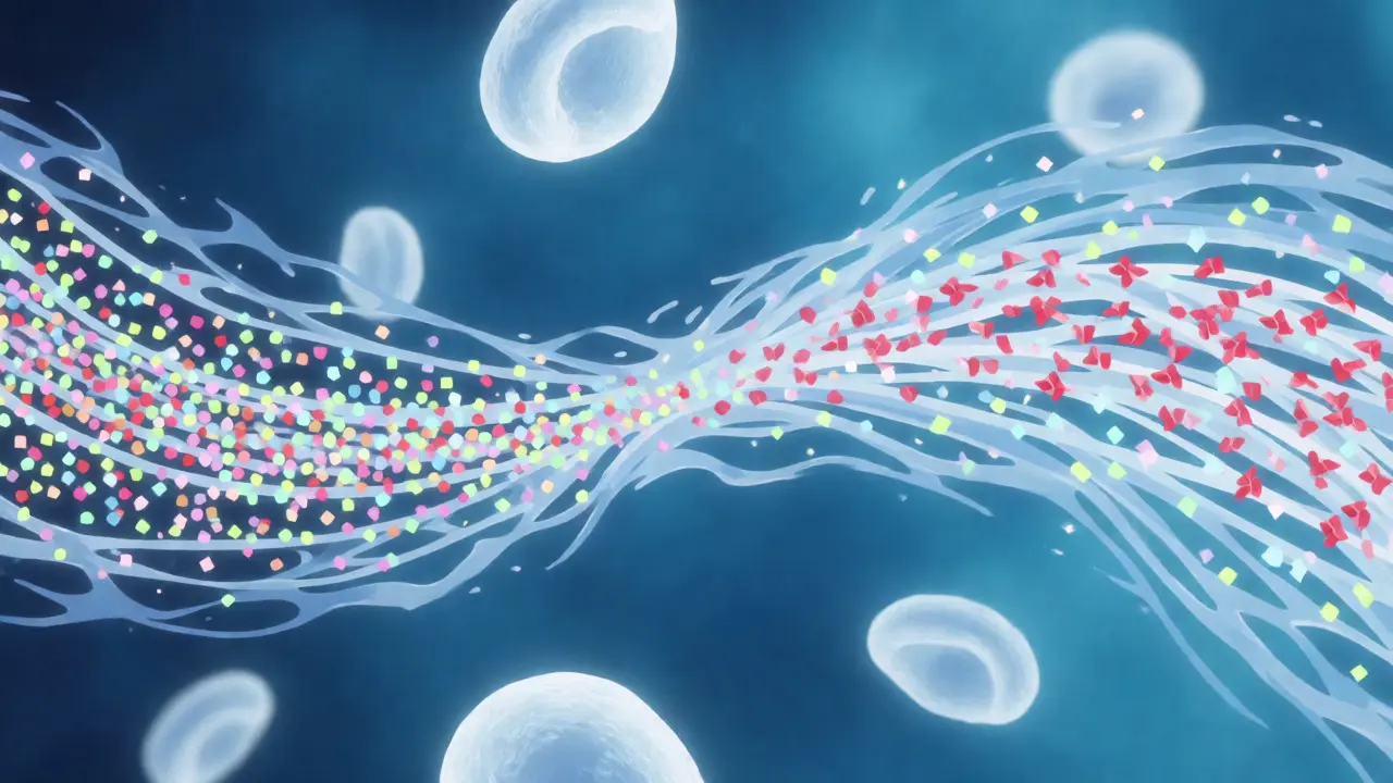 Abstract visualization of generic and brand drugs entering the bloodstream