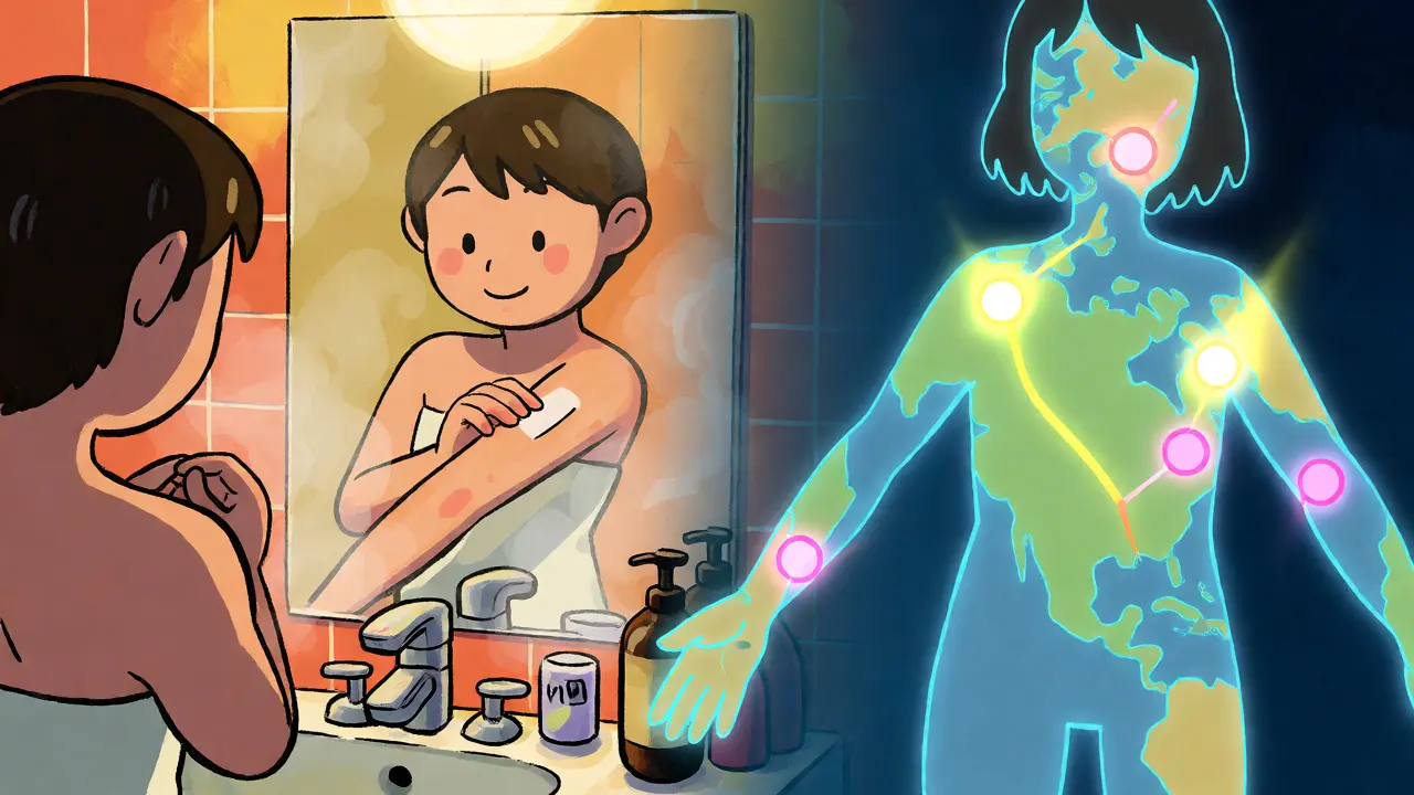 Anime illustration showing a person applying a patch and a holographic body map for site rotation.