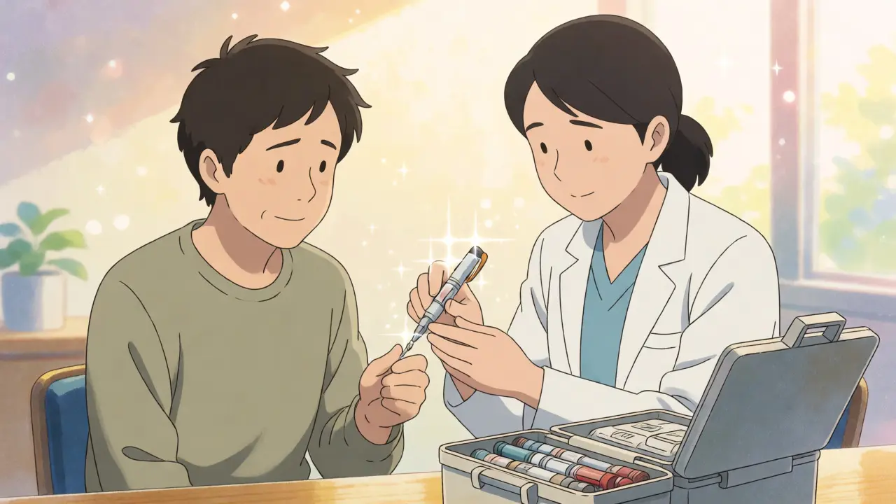 Anime scene of a healthcare provider guiding a patient on using an injectable pen in a bright clinic.