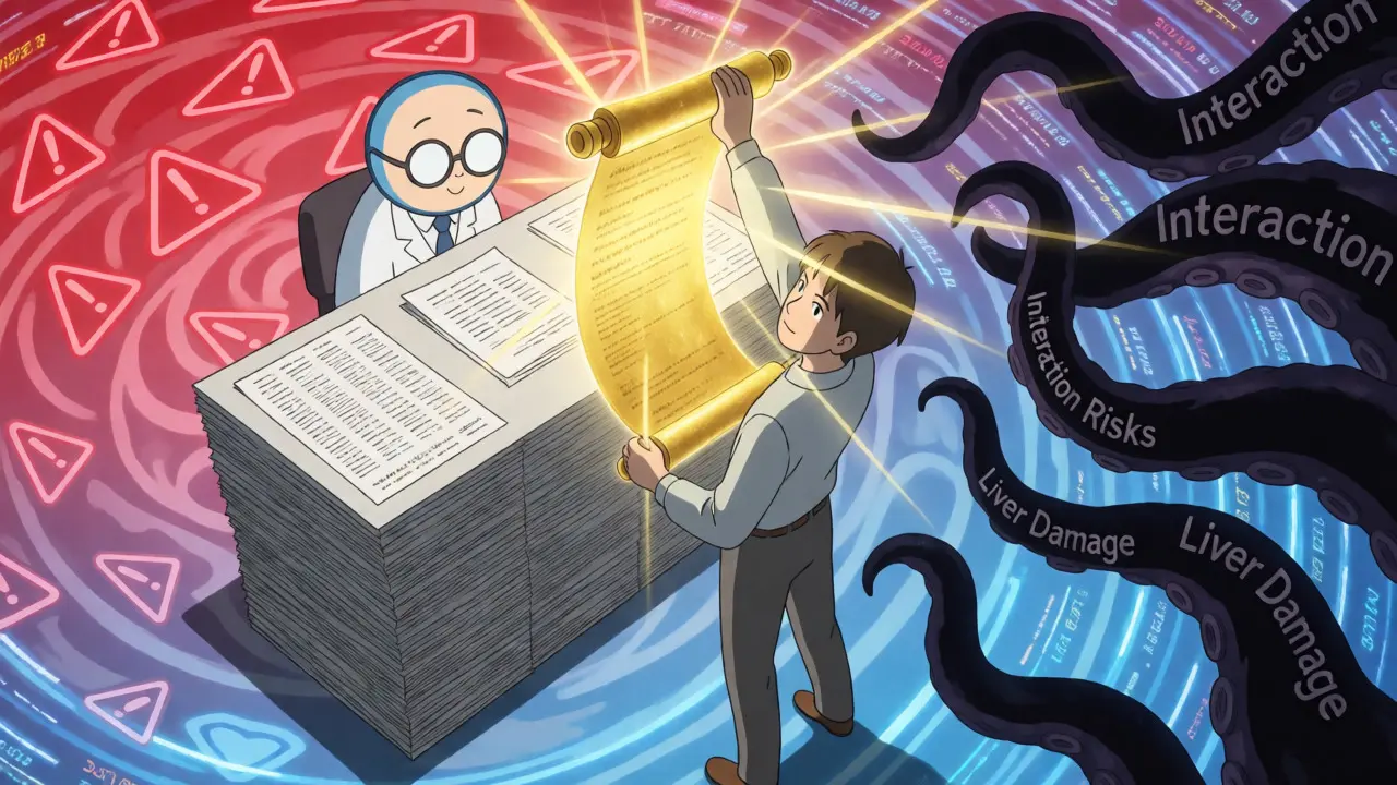 Patient holding a glowing list to ward off shadowy interaction risks