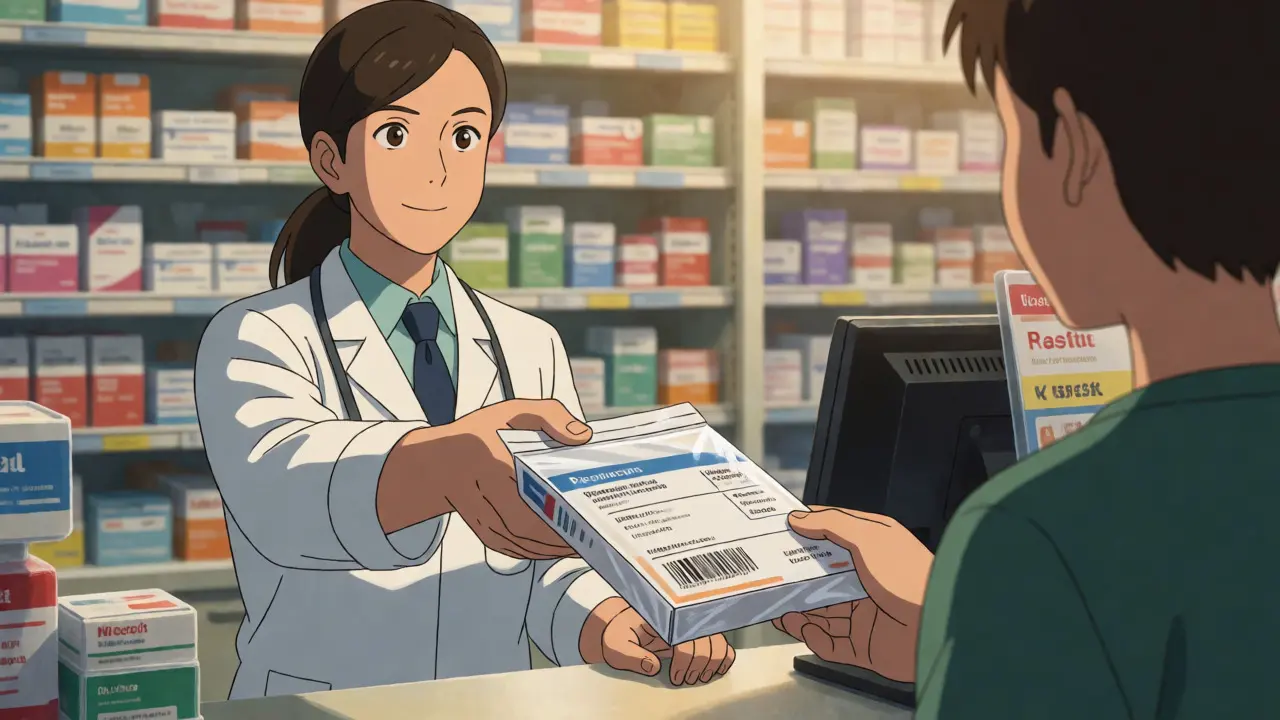Pharmacist handing a verified generic prescription to a customer